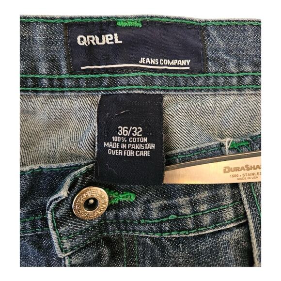 Q BY QRUEL Green EMBROIDERY POCKET BLUE DENIM JEANS MEN'S SIZE 36 X 32 - Picture 2 of 5